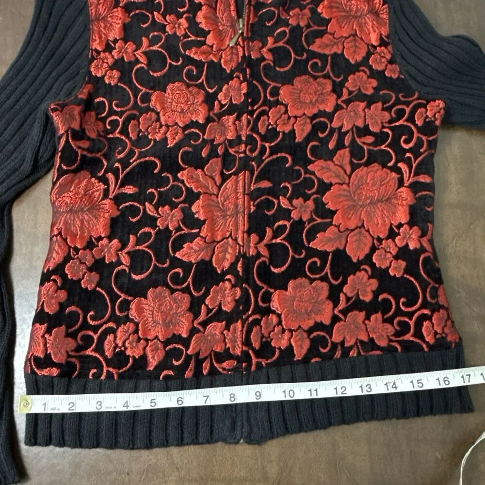 CHRISTOPHER & BANKS Black Zip Cable Sweater w/ Bright Red 